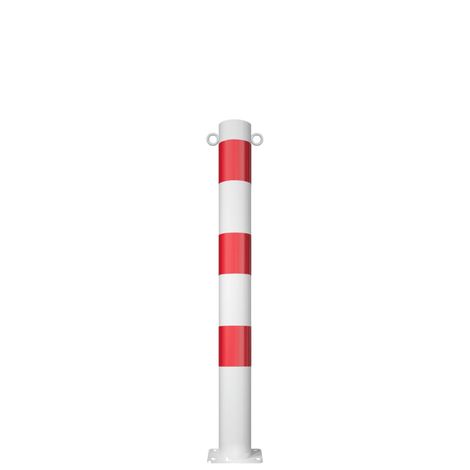 Witte en rode parkeerpaal Ø89 mm met voetplaat en twee kettingogen.