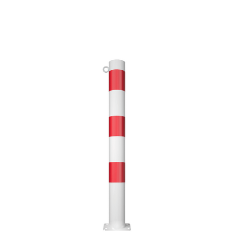Witte en rode parkeerpaal Ø89 mm met voetplaat en 1 kettingoog.