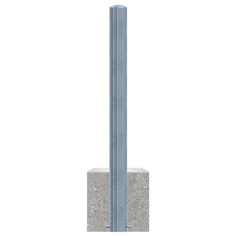 Verzinkt stalen parkeerpaal, 102 mm diameter, met robuuste betonvoet op witte achtergrond.