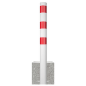 Witte parkeerpaal met rode strepen en een grijze betonvoet, Ø102 mm.