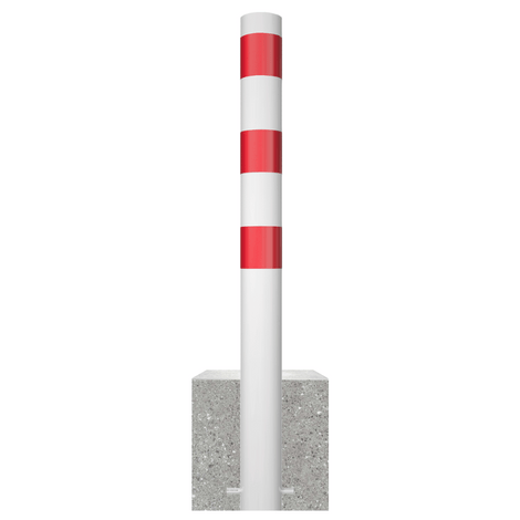 Witte parkeerpaal met rode strepen en een grijze betonvoet, Ø102 mm.