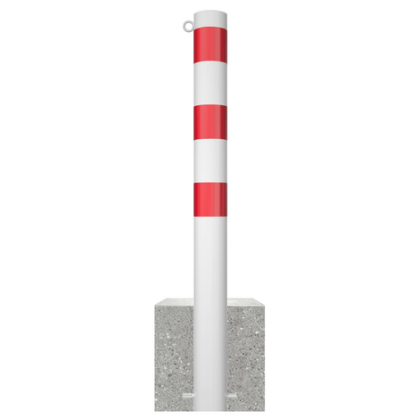 Witte en rode parkeerpaal met betonvoet, Ø102 mm, inclusief 1 kettingoog.