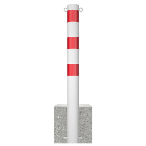Witte parkeerpaal met rode strepen, Ø102 mm, verankerd in een grijze betonvoet, met twee kettingogen.