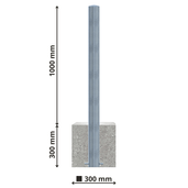 Verzinkt stalen parkeerpaal (1000 mm) met betonvoet (300x300 mm), Ø60-102 mm.