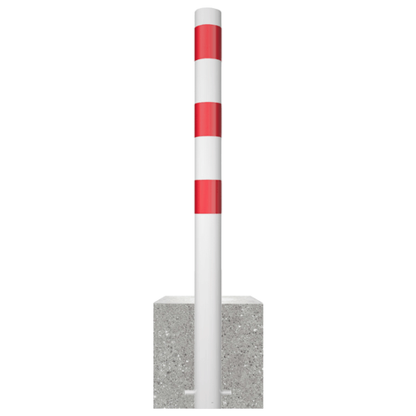 Wit-rode parkeerpaal met reflecterende strepen, stevig verankerd in een grijze betonvoet.