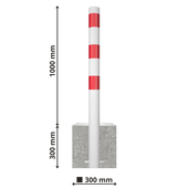 Witte parkeerpaal met rode strepen en een grijze betonvoet, 1000 mm hoog.