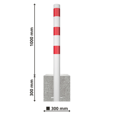 Witte parkeerpaal met rode strepen en een grijze betonvoet, 1000 mm hoog.