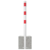 Witte parkeerpaal met rode strepen, Ø60 mm, stevig verankerd in een grijze betonvoet.