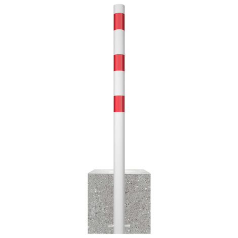 Witte parkeerpaal met rode strepen, Ø60 mm, stevig verankerd in een grijze betonvoet.