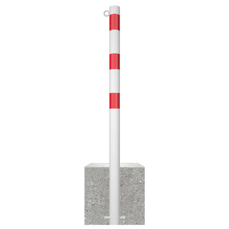Witte parkeerpaal met rode strepen, Ø60 mm, inclusief betonvoet en 1 kettingoog.