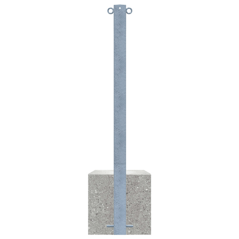 Verzinkte stalen parkeerpaal, 70x70 mm, met betonvoet en twee kettingogen.