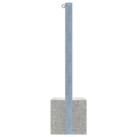 Verzinkt stalen parkeerpaal, 70x70 mm, met betonvoet en 1 kettingoog.