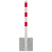 Parkeerpaal wit-rood met betonvoet, 70x70 mm, voor verkeersbeheer.