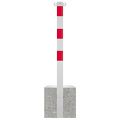 Wit-rode parkeerpaal met betonvoet, Ø60-102 mm, voorzien van twee bevestigingsogen.