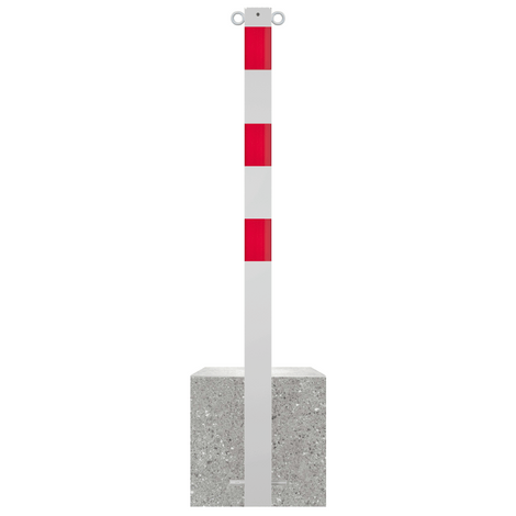 Wit-rode parkeerpaal met betonvoet, Ø60-102 mm, voorzien van twee bevestigingsogen.