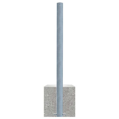 Verzinkt stalen parkeerpaal, 76 mm diameter, met robuuste betonvoet voor permanente installatie.