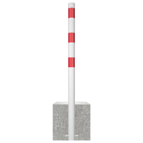 Wit-rode parkeerpaal met Ø76 mm diameter en reflecterende banden, stevig verankerd in een betonvoet.