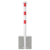 Wit-rode parkeerpaal met betonvoet, Ø76mm, inclusief twee kettingogen.
