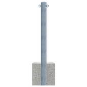 Verzinkt stalen parkeerpaal, 89 mm diameter, met betonvoet en twee kettingogen.