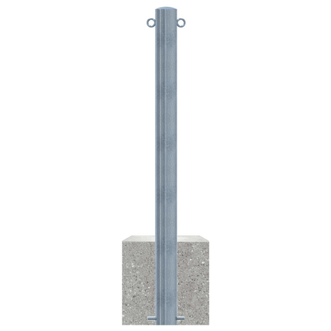 Verzinkt stalen parkeerpaal, 89 mm diameter, met betonvoet en twee kettingogen.