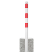 Witte parkeerpaal met rode banden en een grijze betonvoet, Ø89 mm.