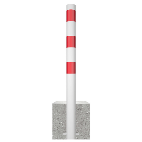 Witte parkeerpaal met rode banden en een grijze betonvoet, Ø89 mm.