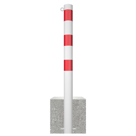 Witte parkeerpaal met rode strepen, Ø89 mm, 1 kettingoog, op een grijze betonvoet.