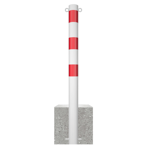 Witte parkeerpaal met rode strepen en betonvoet, Ø89 mm, met twee kettingogen.