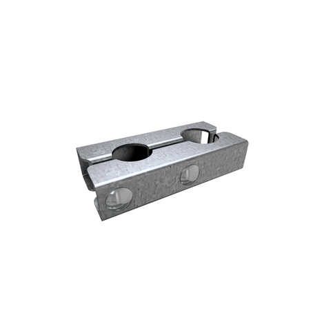 Zilverkleurige metalen bouwhekklem met twee ronde openingen.